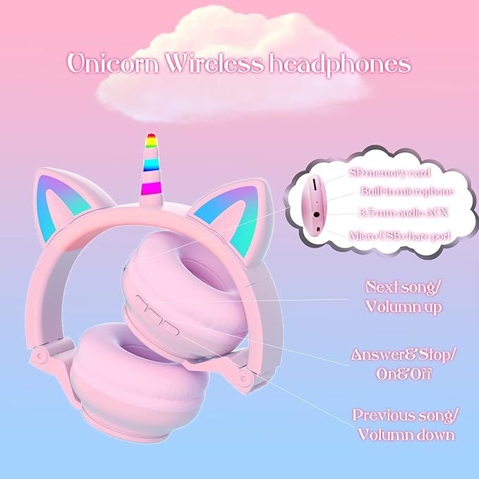 Unicorn Kids Headphones for Girls,7 Colour Flash Unicorn Bluetooth Headphones Foldable for Girls Toddlers Tablet/pad/Amazon fire,Light Up Kids Wireless Headphone Birthday Gifts (Purple Pink)