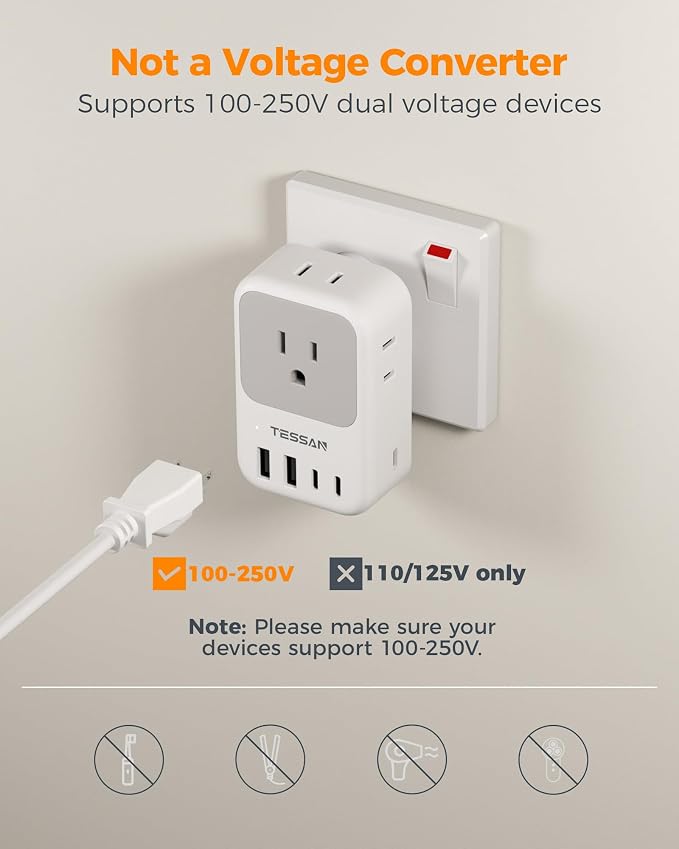 US to India Plug Adapter 2-Pack, TESSAN India Power Adapter with 4 AC Outlets & 5 USB Ports (3 USB-C 28W), Type D Travel Adaptor for USA to India Bangladesh Maldives Nepal Pakistan