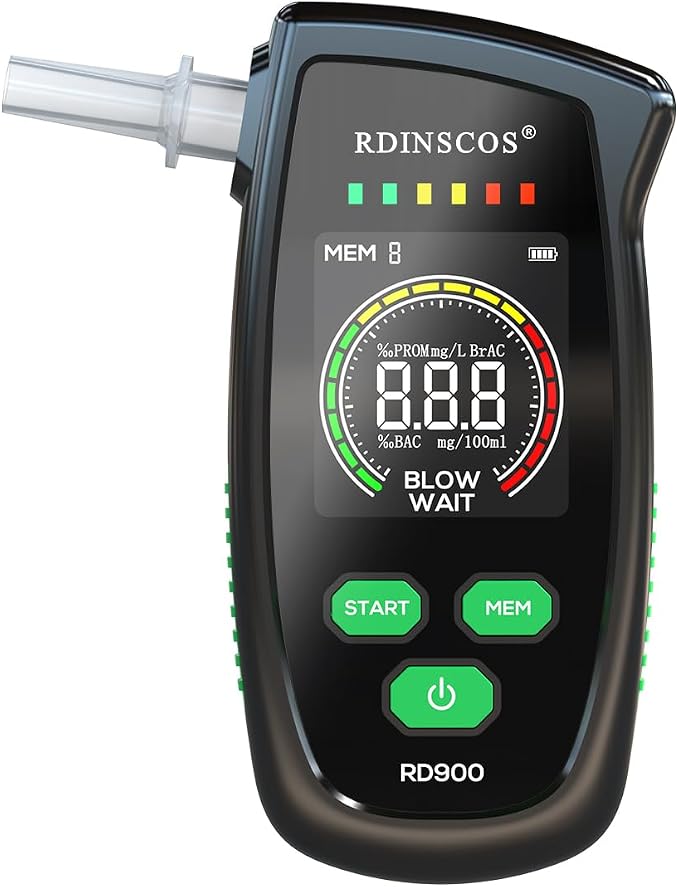 RDINSCOS Breathalyzer Rechargeable Portable Alcohol Tester | Large Color LCD Display, Includes 5 Mouthpieces, Personal & Professional Use