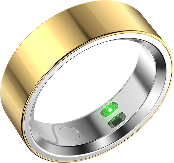 RQZ Smart Ring Fitness Tracker for Men Women, Sleep & Heart Rate Monitor, Step Counter with Vibration Alert, 5 ATM Waterproof, Compatible with iOS & Android Gold Size 13