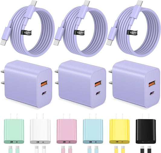 iPhone 17 16 15 Charger Fast Charging USB C Charger Block Type C Chargers Charging Block with 3 Pack 10FT Cable for iPhone 17/17 Plus/17 Pro Max/16/16 Plus/16 Pro Max/15 Pro Max/iPad Pro (Purple