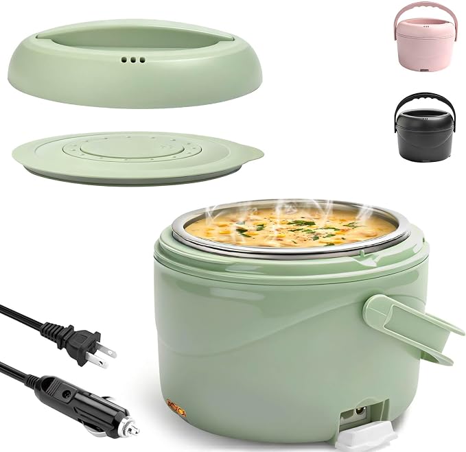 Aotto Electric Lunch Box, 40 oz Portable Food Warmer Heater, Lunch Warmer Portable for Work/Office/Car/Travel 12V/24V/110V 3-in-1, Warming Soup & Meal, Spill-Free, Men & Women's Gifts, Green