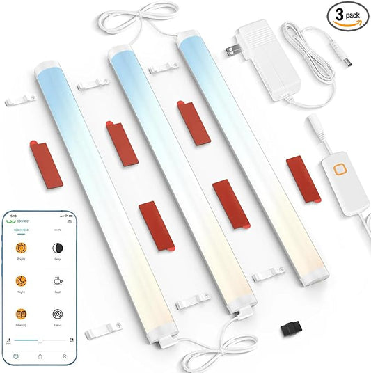 MYPLUS Linkable LED Light Bar, 2700K-7000K Tunable White Under Cabinet Lighting with App Control, Stepless Dimmable Plug-in Under Counter Lights for Kitchen, Shelf, 3 Pack
