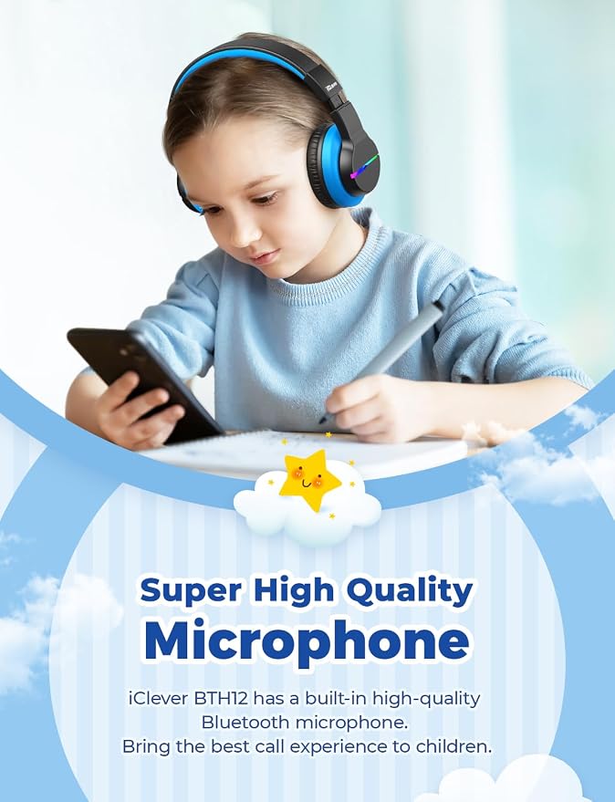iClever BTH12 Kids Bluetooth Headphones,Colorful LED Lights,74/85dBA Safe Volume,85H Playtime,Bluetooth 5.2,Over Ear Wireless Headphone Built-in Mic for iPad/Tablet/Airplane, Deep Black