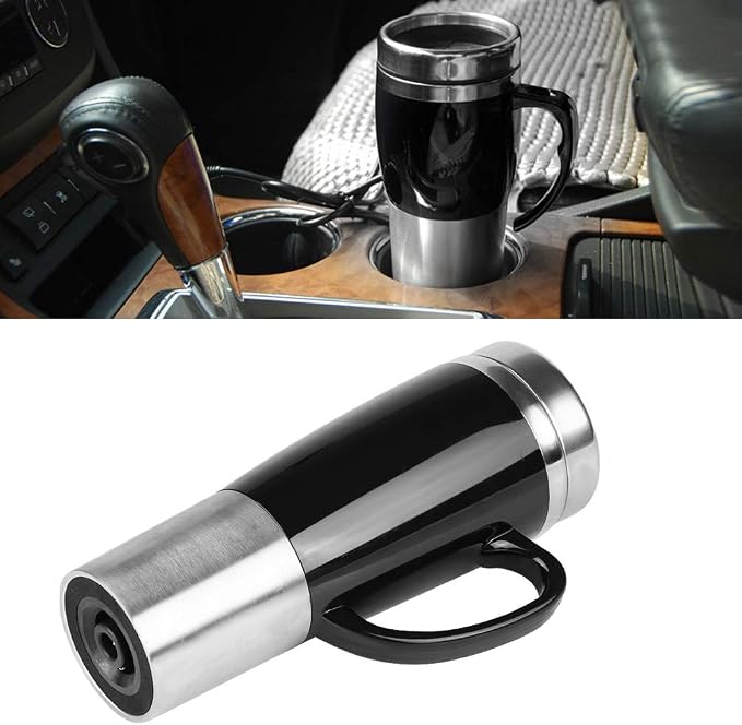 gernie Car Electric Kettle, 12V / 24V 450ml Stainless Steel Heating Cup Portable Car Heated Mug 50W Fast Boiling Electric Coffee Cup with Cigarette Lighter for Winter Travel (Black) (12V)
