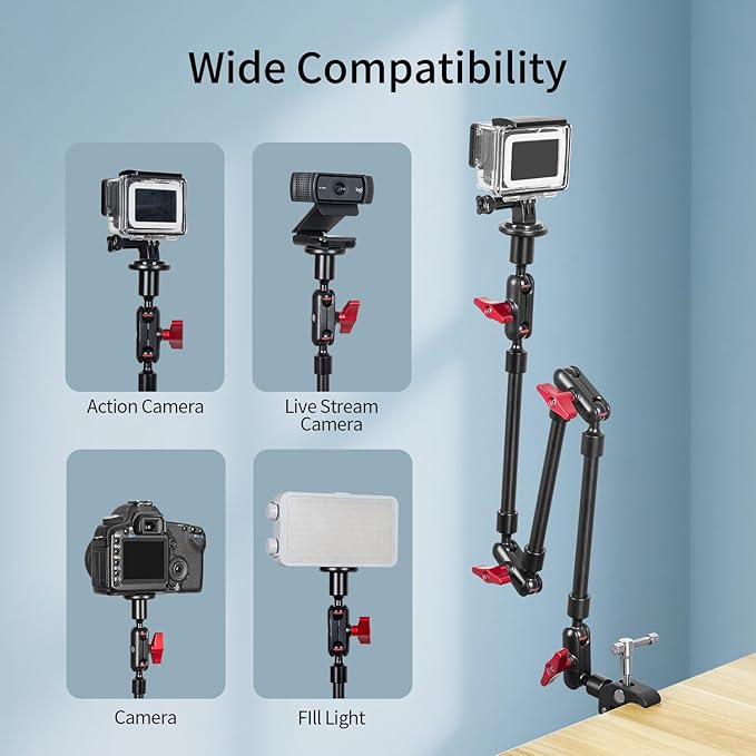 Adjustable Articulating Magic Arm with Clamp and Phone Holder Clip for Desk Mount, Desk Stand, Cell Phone Tripod