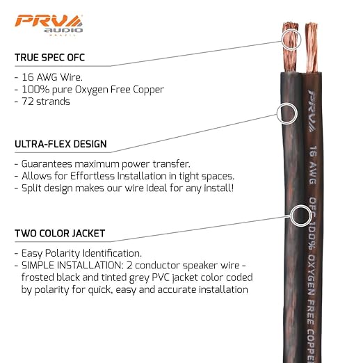 PRV AUDIO 16 Gauge (AWG) Speaker Wire Premium Oxygen-Free Copper OFC - 100 Feet Roll (Black/Grey) Ultra Flex Cable for Car Home Audio Applications