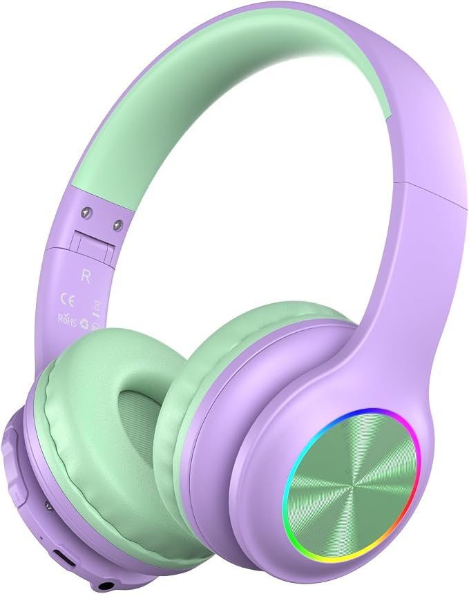 Candy Bila Kids Bluetooth 6.0 Headphones with LED Light, 85Hours Playtimes, Type-C Fast Charging, 85/94dB Volume Limited, Comfort Headphones with Built-in Mic, Wired & TF Card Mode,Green and Purple