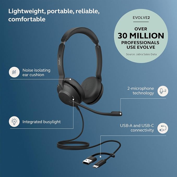 Jabra Evolve2 30 SE (2025 Version) Wired Dual-Ear Headset with Microphone for Work – Computer Headset - New USB-A and USB-C Cable - Goes with All Online Meeting Platforms - Black