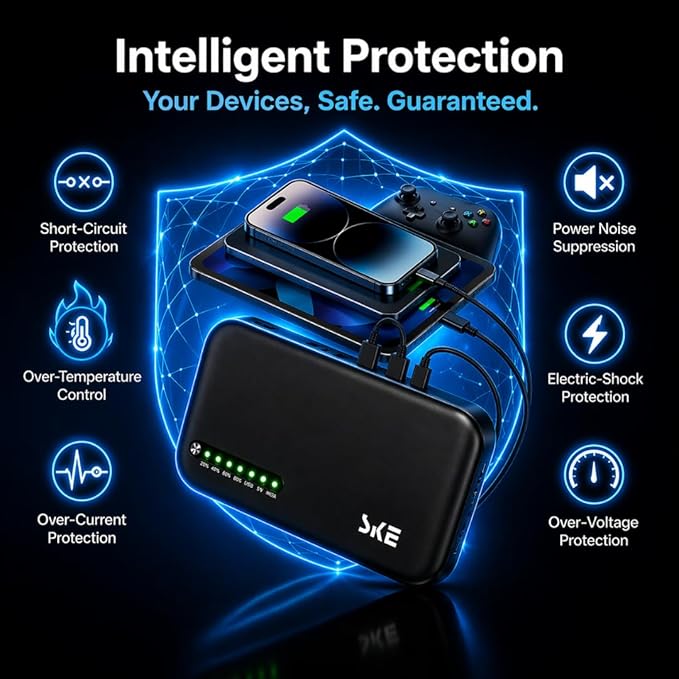 SKE DC20000 Plus Altair - Mini DC UPS 20000mAh Battery Backup & Surge Protector for Router & Modem - Compact, Portable Uninterruptible Power Supply with 5V/9V/12V Outputs, USB & Type-C Charging, WiFi