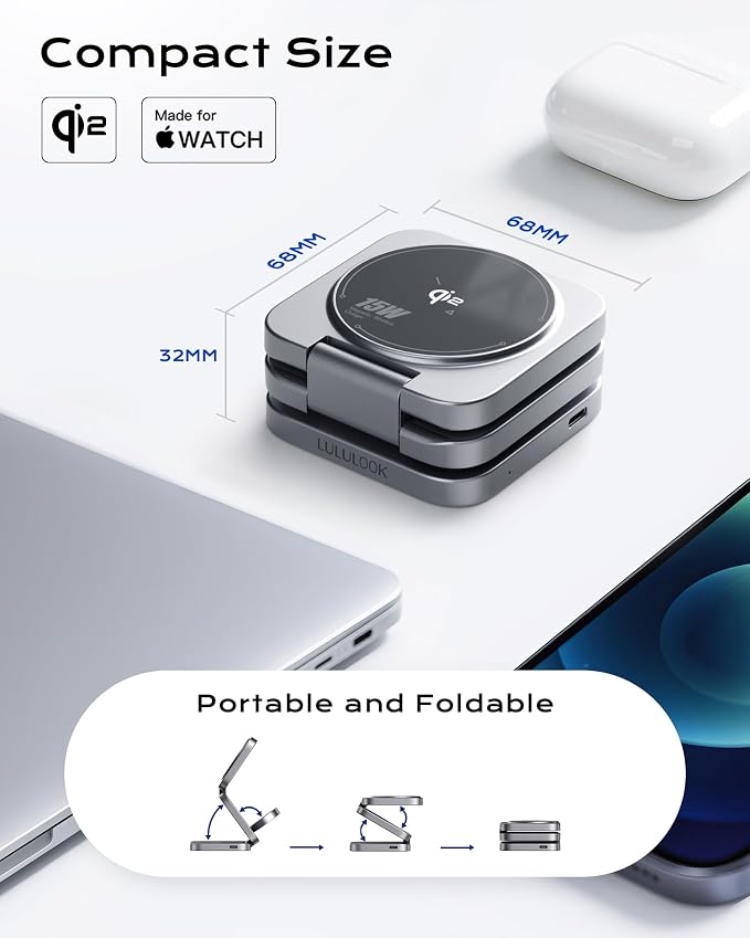 Qi2 MFi 3 in 1 Charging Station for Apple, Travel Magnetic Wireless Charger Stand for iPhone 17 Pro Watch and for Airpods, MFi and Qi2 Certified & 30W GaN Adapter Included (Axiom Gray)