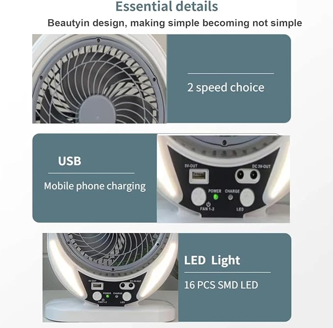 Camping Fan with Solar Panel, Rechargeable Battery Powered Tent Fan with LED Light & Bulbs, Portable Desk Fan for Outdoor Camping, Fishing, Hurricane, Home Emergency