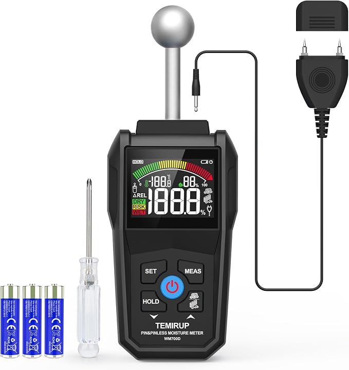 2-in-1 Pin & Pinless Moisture Meter, Digital Moisture Detector for Wood, Drywall & Building Materials, Large Color LCD Display, Acoustic Alarm, Calibration, Detects up to 20-40 mm Below Surface