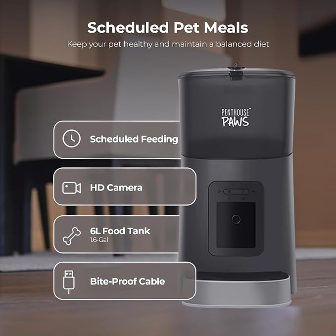 Penthouse Paws Smart HD Pet Feeder, 6L Dry Food Capacity, 1080p Camera, 2-Way Audio, Scheduled Meals, Backup Power, Easy to Clean, Anti-Jam Design for Cat & Dog, Black/Stainless Steel