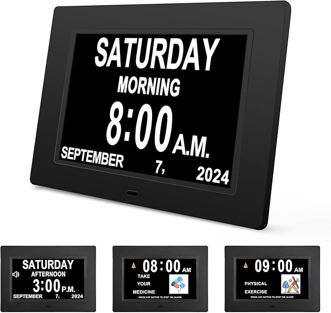 JALL 7" Large Digital Calendar Day Clock for Seniors 2026 - Easy to Read Alzheimer's Dementia Memory Loss Clock for Elderly with IPS Wide Angle，Day & Date, 12 Custom Alarms & Auto-Dimming, Black