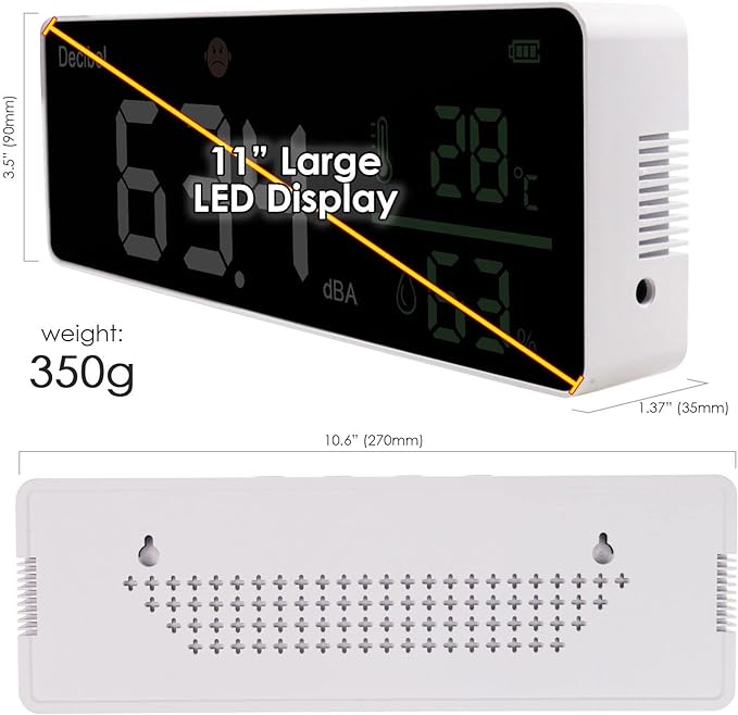 Decibel Meter Wall Hanging Sound Level Meter 11 inch Large LED Display Noise Temperature Humidity Meter with Alarm Icons Indicator Wide Applications for Classroom, Studio, Home, Factory
