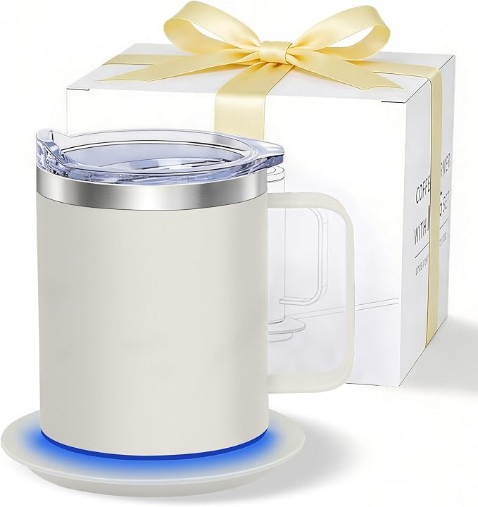 Coffee Warmer with Mug Set, Self Heating Coffee Cup, USB Powered Heated Mug Maintains 131°F, for Office & Home (Off White-12oz)