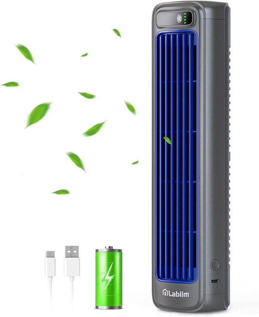 Labiim Desk Fan, Rechargeable Fan for Saving Space, 5000mAh Battery Portable Bladeless Table Fan, 12 Inch Office Fan Small,with 3-Speed Settings, Small Quiet Table Fan for Living Room, Bedroom - Grey