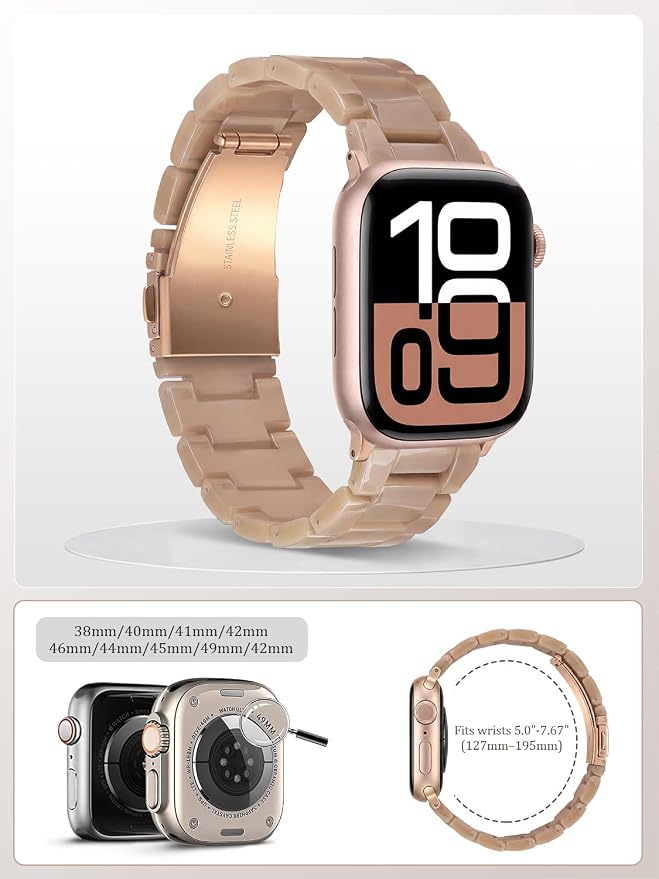 V-MORO Resin Bands Compatible with Apple Watch Series 11/10/9/8/7 Band 45mm/44mm/42mm/46mm Fashion Rose Gold Metal Buckle Lightweight Strap Bracelet for iwatch Series SE/6/5/4/3/2/1 Women,Caramel
