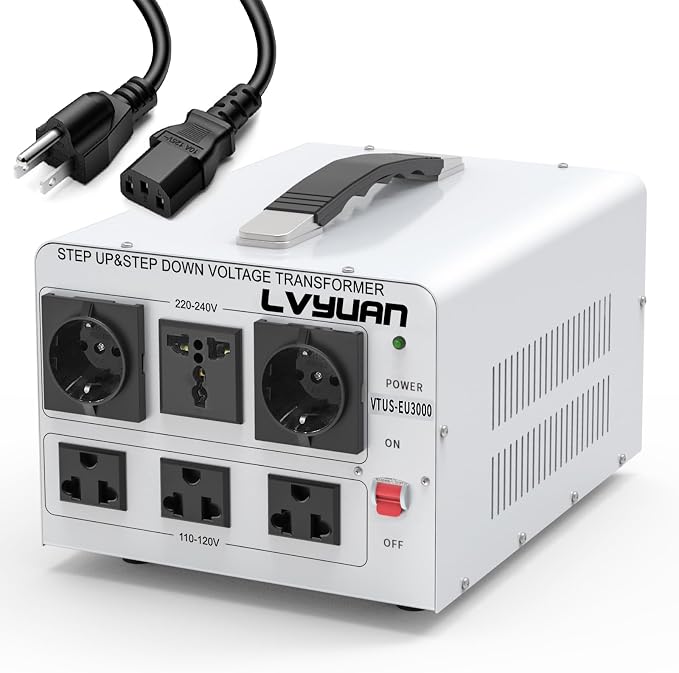 LVYUAN 3000W Watt Voltage Transformer Converter Step Up/Down Converter 110/120 Volt - 220/240 Volt with 3 US&2 EU&1 Universal Outlet and CE Certified,Circuit Break Protection