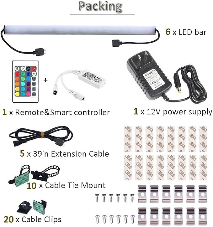 LED Under Cabinet Lighting, Dimmable Under Counter LED Light Bar, WiFi Wireless Smart Phone APP Controlled, 12 inch Closet Light, 6 Panels Color Changing Kits, Compatible with Android, iOS and Alexa