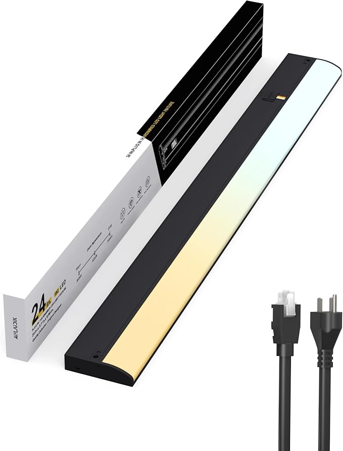 Hardwired Under Cabinet Lighting, 24 inch LED Under Counter Lights for Kitchen, CRI 97, 120V, 16W, 1400Lm 3CCT Dimmable Linkable Under Cabinet Lights with Power Cord and Linked Cord, Black