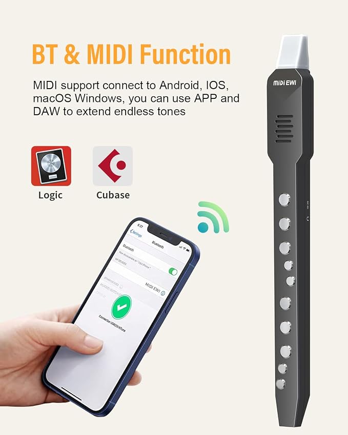KONIX Electronic Wind Instrument, DC02 Pro Digital Wind Instrument with 10 Musical Tones, MIDI Bluetooth, Built-in Battery, EWI Instrument for Beginners, Black