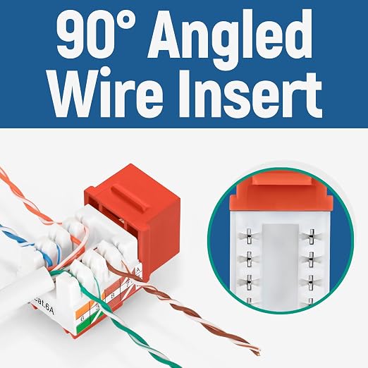 Everest 90° Angled RJ45 Cat6A Keystone Jacks 20-Pack in Orange - Slim Profile Female RJ45 Connectors - Cat 6A Keystone Jack - Compatible with 90° Angled Speed Termination Tool - easyJACK (B094WB91H3)