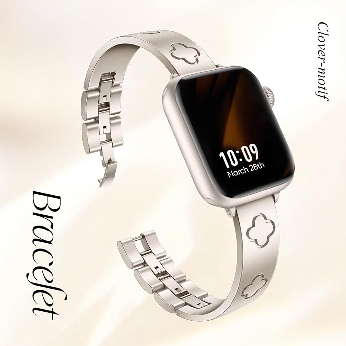 Missair Compatible with Apple Watch Band 38mm 40mm 41mm 42mm 44mm 45mm 46mm 49mm, Four Leaf Lucky Bracelet Women Dressy Stainless Steel Metal Clover Strap for iWatch Series 11 10 9 8 7 6 5 4 SE Ultra