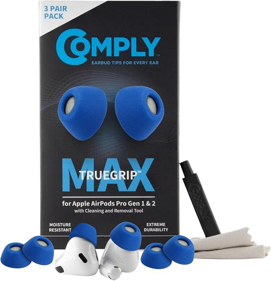 Comply TrueGrip MAX | Premium Memory Foam Replacement Earbud Tips for Apple AirPods Pro 1 & 2 | Long Lasting Comfort, MAX Durability, Secure Fit, Superior Noise Isolation| Blue (Small) (3 Pairs)