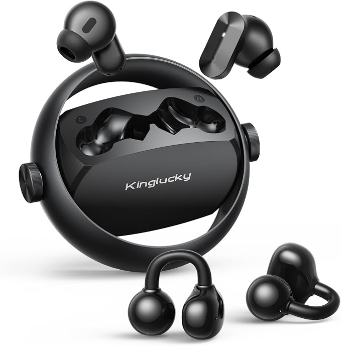 Kinglucky 2-in-1 Wireless Earbuds, in-Ear & Open Ear Clip-On Earbuds Comfortable fit, Bluetooth Headphones 5.4 with Noise Cancelling Mic, Power Swap Charging, Up to 50H, Black