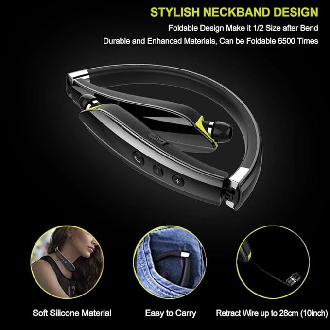 BEARTWO Bluetooth Headphones, Upgraded Foldable Wireless Neckband Headset with Retractable Earbuds, Noise Cancelling Stereo Earphones with Mic for Workout, Running, Driving (with Carry Case)