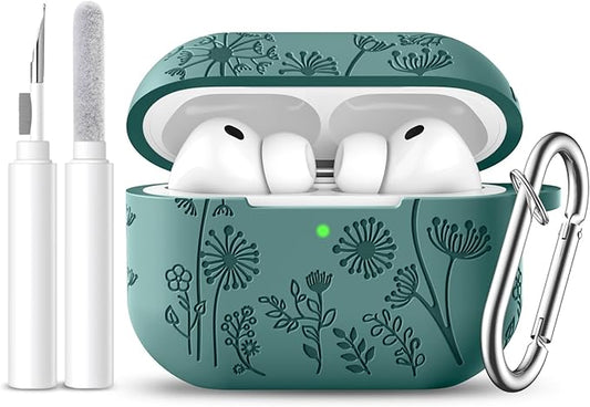 Lerobo for AirPods Pro 3 Case 2025, Protective Flower Engraved Silicone Cover for Men and Women Compatible with Apple AirPod Pro 3 Case Accessories with Keychain & Cleaner Kit,Scratch-Proof,Green