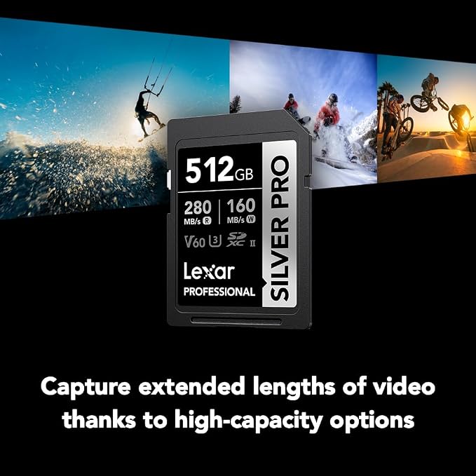 Lexar 512GB Professional SILVER PRO SD Card, UHS-II, C10, U3, V60, Full HD, 4K, Up To 280MB/s Read SDXC Memory Card, for Professional Photographer, Videographer, Enthusiast (LSDSIPR512G-BNNNU)