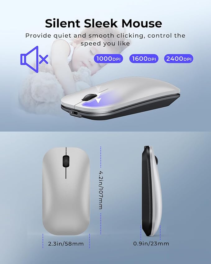 seenda Wireless Bluetooth Keyboard and Mouse Combo, SKM64-3 Rechargeable Slim Quiet Keyboard Mouse, 3 Multi-Device Connection, Compatible for Windows 11/10 PC Laptop Mac MacBook iPad, Black Silver