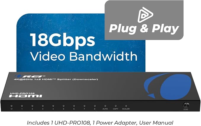 OREI 4K 1 in 8 Out HDMI Splitter 4:4:4 8-bit - HDMI 2.0, HDCP 2.2, 18 Gbps, 4K @ 60Hz HDMI Duplicator/Distributor UltaHD High Resolution (1x8)