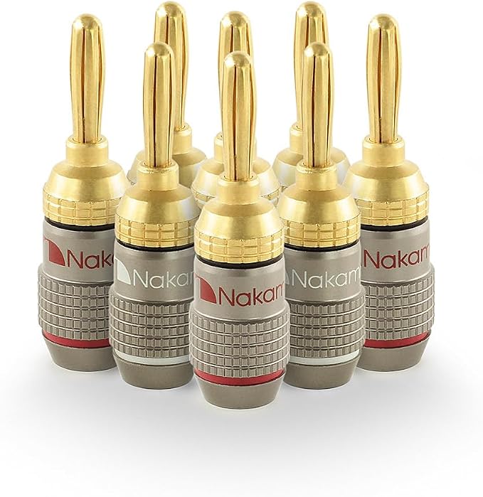 Nakamichi FanLock Excel Series 24k Gold Plated Banana Plugs 10 AWG - 18 AWG Gauge Size 4mm for Speakers Amplifier Hi-Fi Stereo Home Theatre Radio Audio Wire Cable Quick Connector, 8 Pcs (4-Pairs)