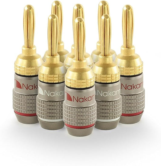 Nakamichi FanLock Excel Series 24k Gold Plated Banana Plugs 10 AWG - 18 AWG Gauge Size 4mm for Speakers Amplifier Hi-Fi Stereo Home Theatre Radio Audio Wire Cable Quick Connector, 8 Pcs (4-Pairs)