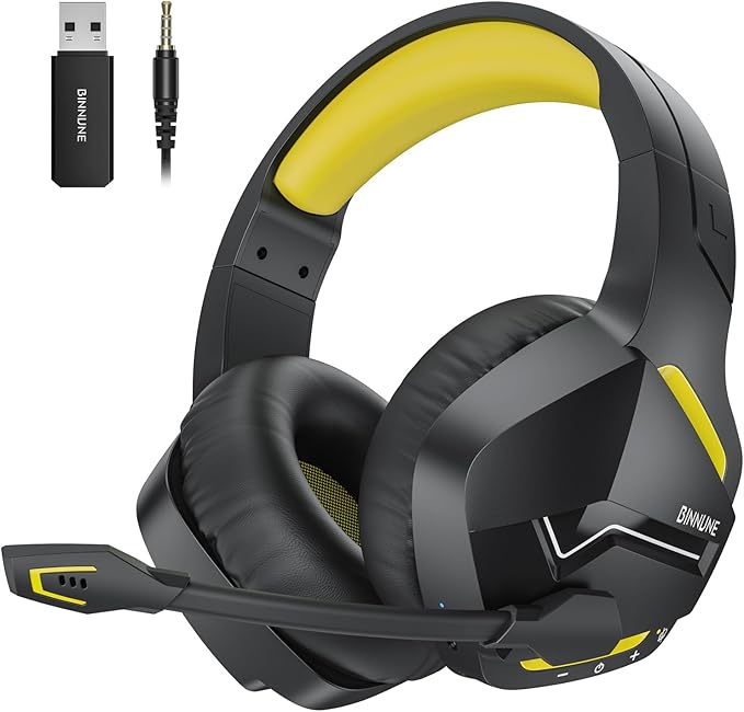 BINNUNE 2.4GHz Wireless Gaming Headset, Bluetooth 5.3 Gaming Headphones with Noise Canceling Mic, 120H Ultra-Long Battery, 50mm Drivers, Multi-Platform for PC / PS5 /PS4/ Switch/Mobile, Yellow