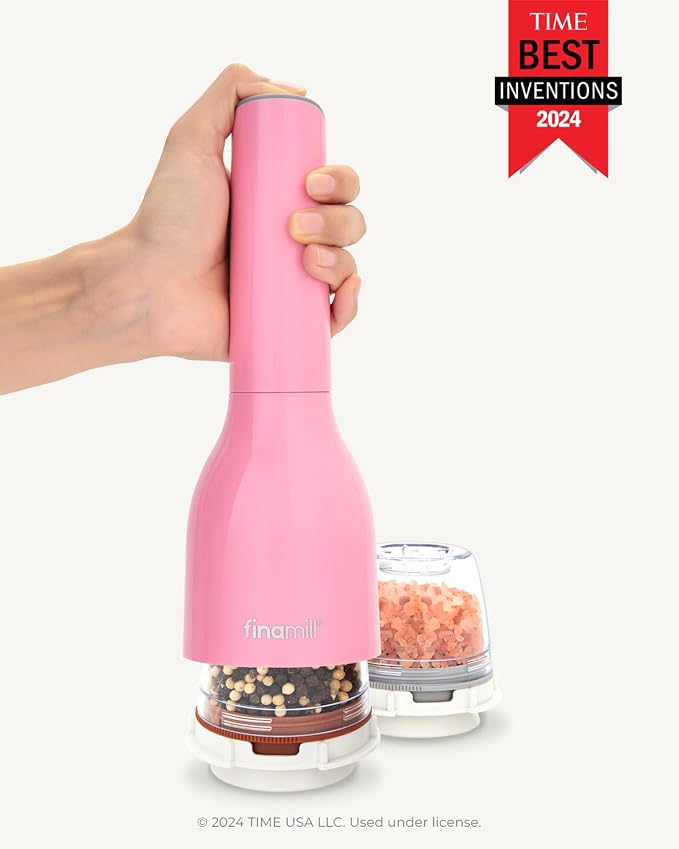 FinaMill Classic Battery Spice Mill – Battery Operated Salt and Pepper Grinder Set, Includes 2 Interchangeable Spice Pods, Adjustable Coarseness, LED Light, Home and Kitchen Gift Set for Father's Day