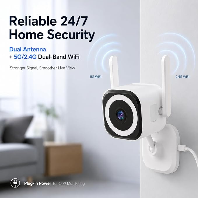 Cameras for Home Security Indoor Outdoor, Dual Antenna 5G/2.4G WiFi Security Camera, Plug-in Stable Live View, 2K Color Night Vision, 4X Zoom, 2-Way Audio, IP66, SD/Cloud