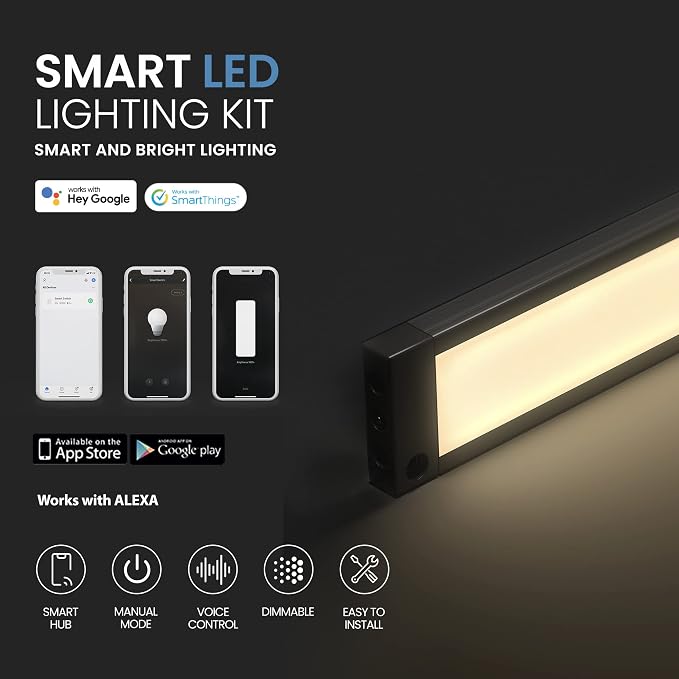 EShine 3 Pack 7 inch Black Smart Dimmable LED Under Cabinet Lighting Kit Compatible with Alexa, Google - Warm White (3000K)