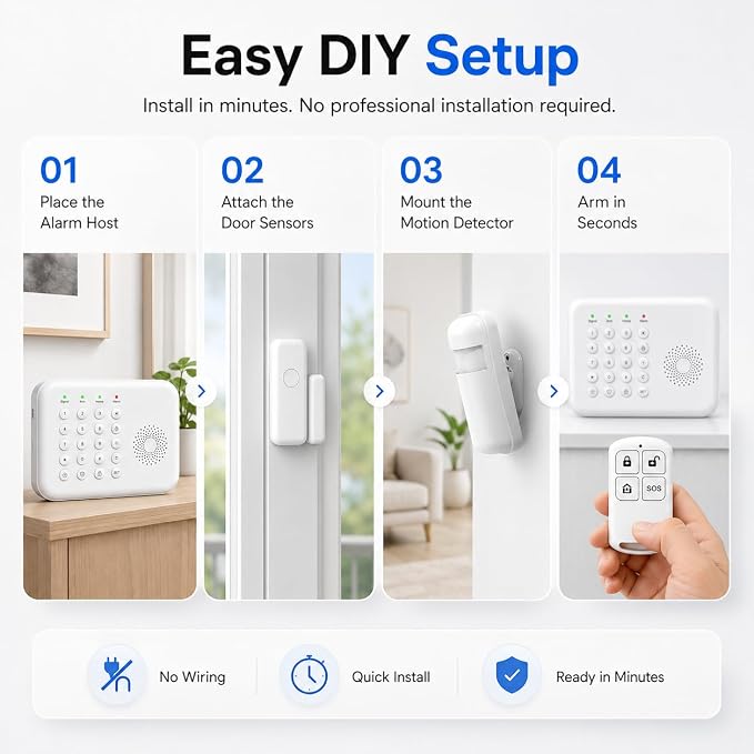 Wireless Home Security System WiFi/4G Home Alarm System with Phone APP Alert | Voice Control | No Subscription Fees | 24/7 Monitoring | Alexa Compatible