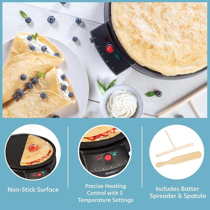 12" Griddle & Crepe Maker, Non-Stick Electric Crepe Pan with Batter Spreader & Recipe Guide- Dual Use Hot Plate for Breakfast Brunch, Blintzes, Eggs, Pancakes- Portable, Adjustable Temp Settings, Gift