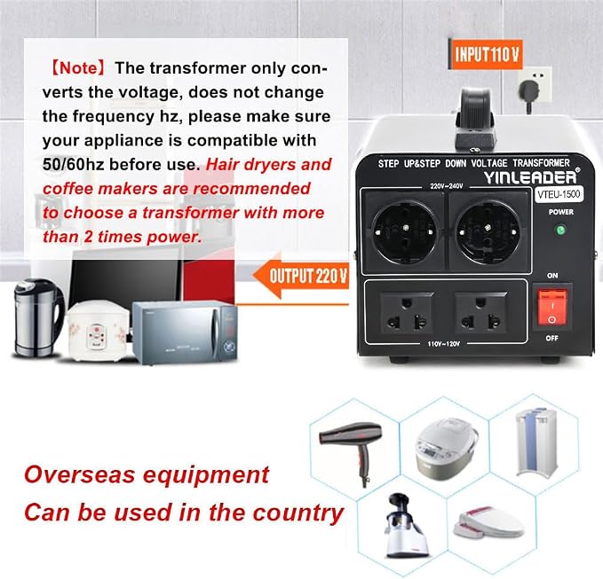 Yinleader 110V to 220V Voltage Converter Transformer Step Up/Down 120V to 240V with 2 US&2 EU Outlets 1500W [110V US Power Cord Included Only, No 220V Cord]