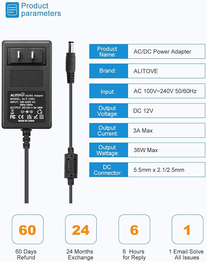 ALITOVE 12V Power Supply 12 Volt 3A 36W AC/DC Adapter DC 12V Power Cord 2.5A 2A AC to DC Converter with 5.5x2.5mm Tip for Baby Brew Bottle Warmer 3D Printer Camera Wireless Router, 2-Pack