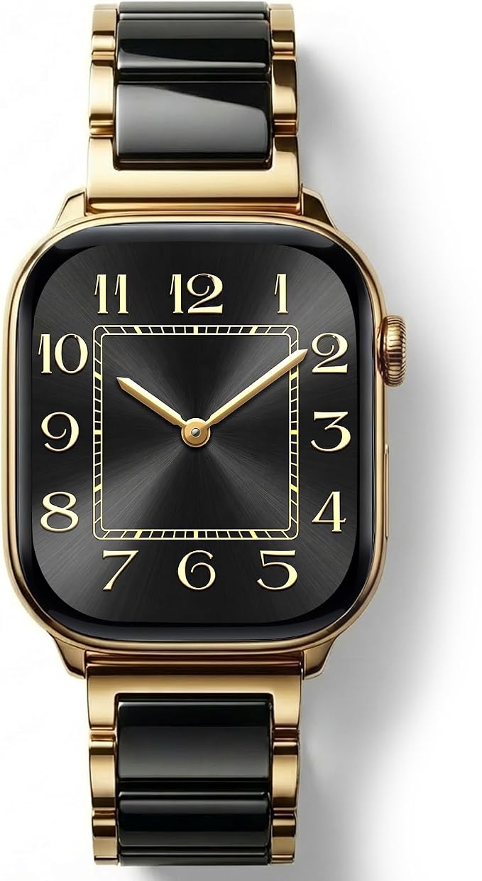 V.R.HOPE Gold Stainless-Steel Metal Resin Apple Watch Band 42mm 44mm 45mm 46mm 49mm Fashion Bracelet Strap for Women Compatible with iWatch Series Ultra3/11/10/9/8/7/6/5/4/3/2/1/SE (Black+Gold)