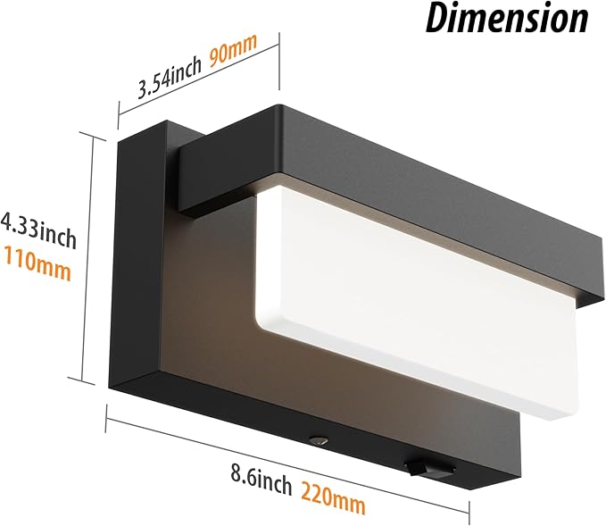 Switched LED Wall Sconce Set of 2, Indoor 8 inch 12 Watt 4000K Wired Black Wall Mounted Sconce Light with On/Off Switch, Frosted Arcylic Shade Sconces for Bedroom Living Room Bathroom Kitchen Hallway