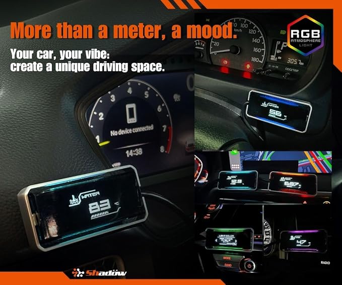 Shadow OBD2 Digital Gauge Display D-Meter 2 - Compact & Futuristic, Vibrant RGB & ARGB Ambient Rainbow Backlight, Multi-Functional Meter for 12V & 48V Cars Newer Cars