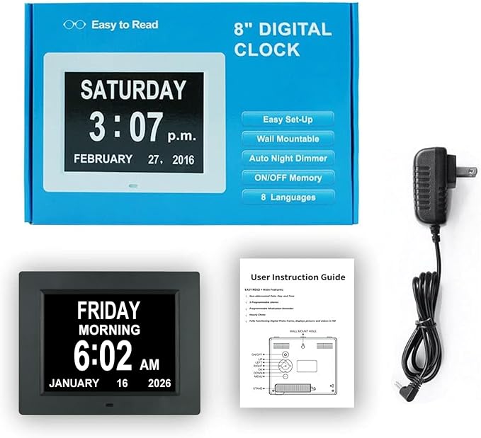 Aowasi Digital Clock Large Display with Date and Day of Week, 8 Alarm Options, Extra Large Digital Clock with Non-Abbreviated Day & Month Alarm Clocks for Seniors Dementia(Black)